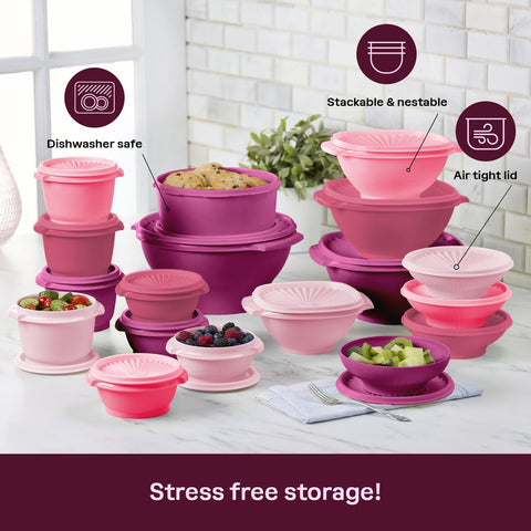 Tupperware Heritage pink nesting containers save space when not in use.