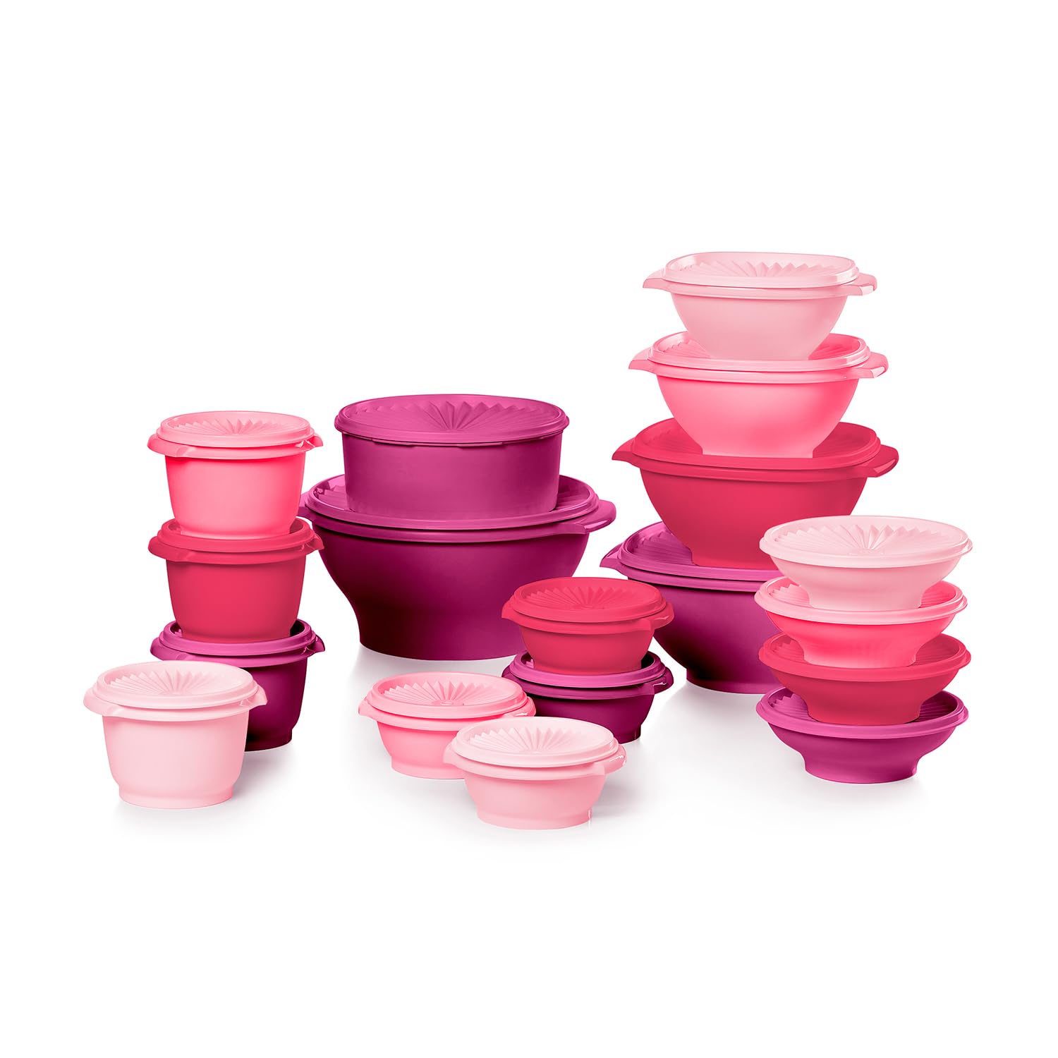 Tupperware Heritage pink bowls with sunburst lids for daily meal prep.