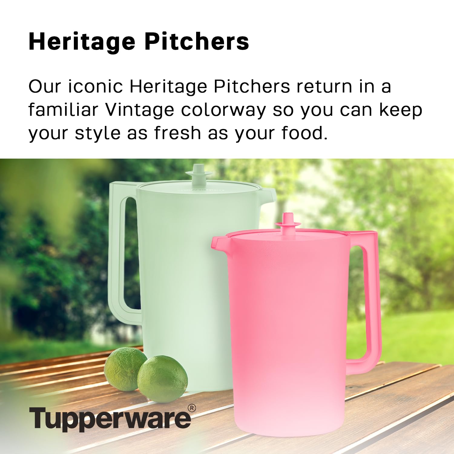Push-button lid on Tupperware Heritage pitcher for quick ready-to-pour and secure close