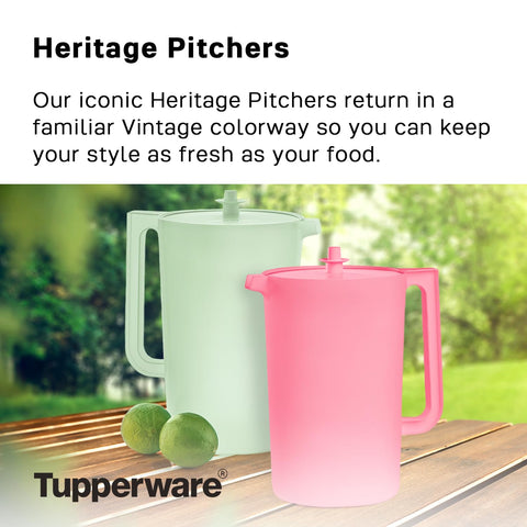 Push-button lid on Tupperware Heritage pitcher for quick ready-to-pour and secure close