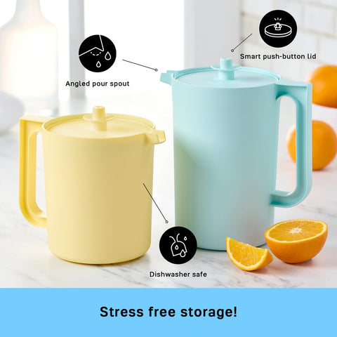 Angled spout design on Tupperware Heritage pitcher for a smooth pour.