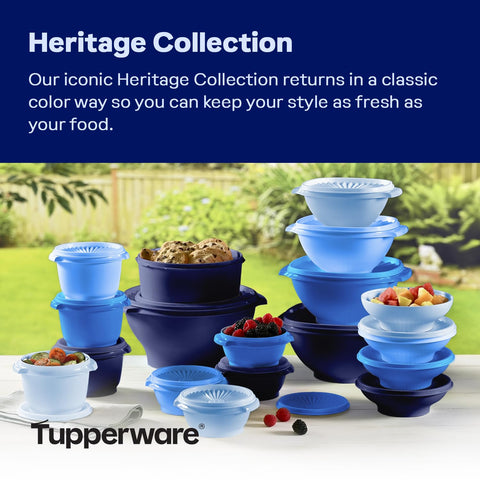 Tupperware Heritage vintage-blue bowls highlight the classic sunburst lid design for freshness.