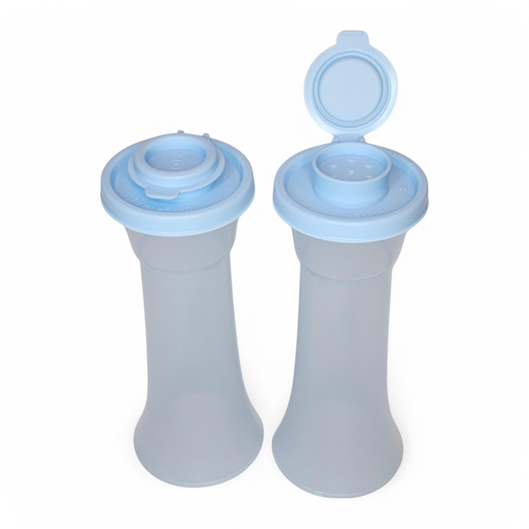 Tupperware hourglass shaker close up showing hinged seal for airtight freshness.