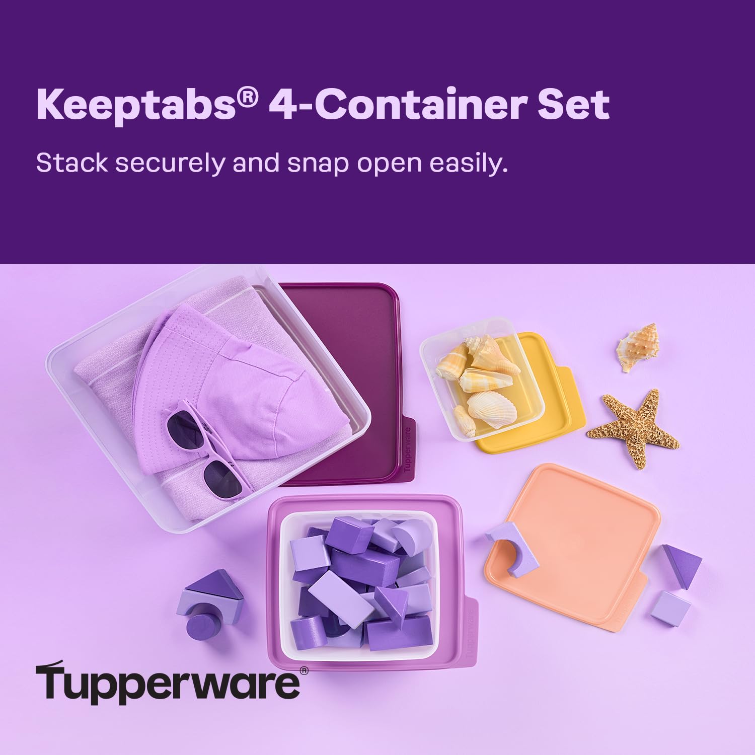 Tupperware Keeptabs lids stacked scene demonstrates compact, space-saving lid design.