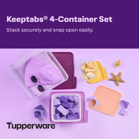 Tupperware Keeptabs lids stacked scene demonstrates compact, space-saving lid design.