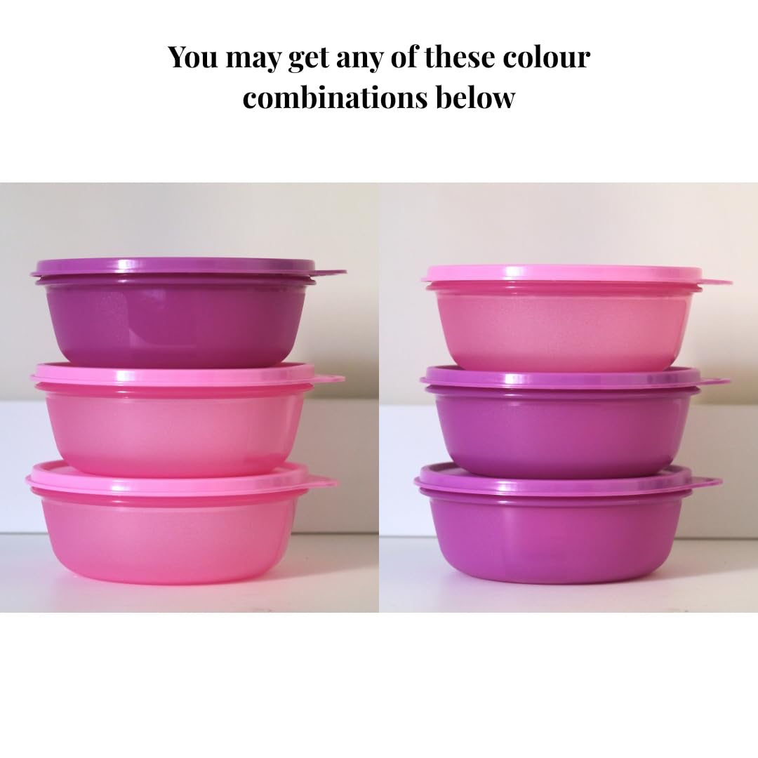Tupperware bowls stacked for compact nesting storage in the fridge