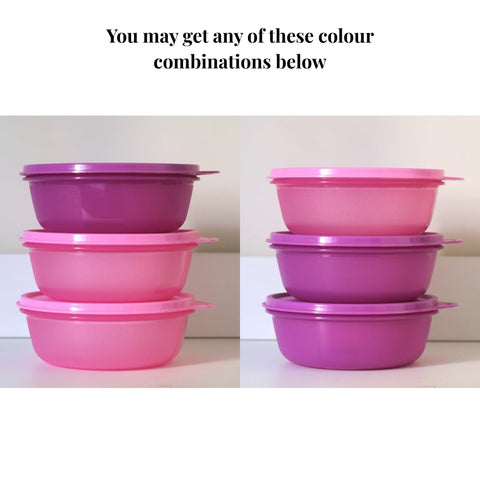 Tupperware bowls stacked for compact nesting storage in the fridge