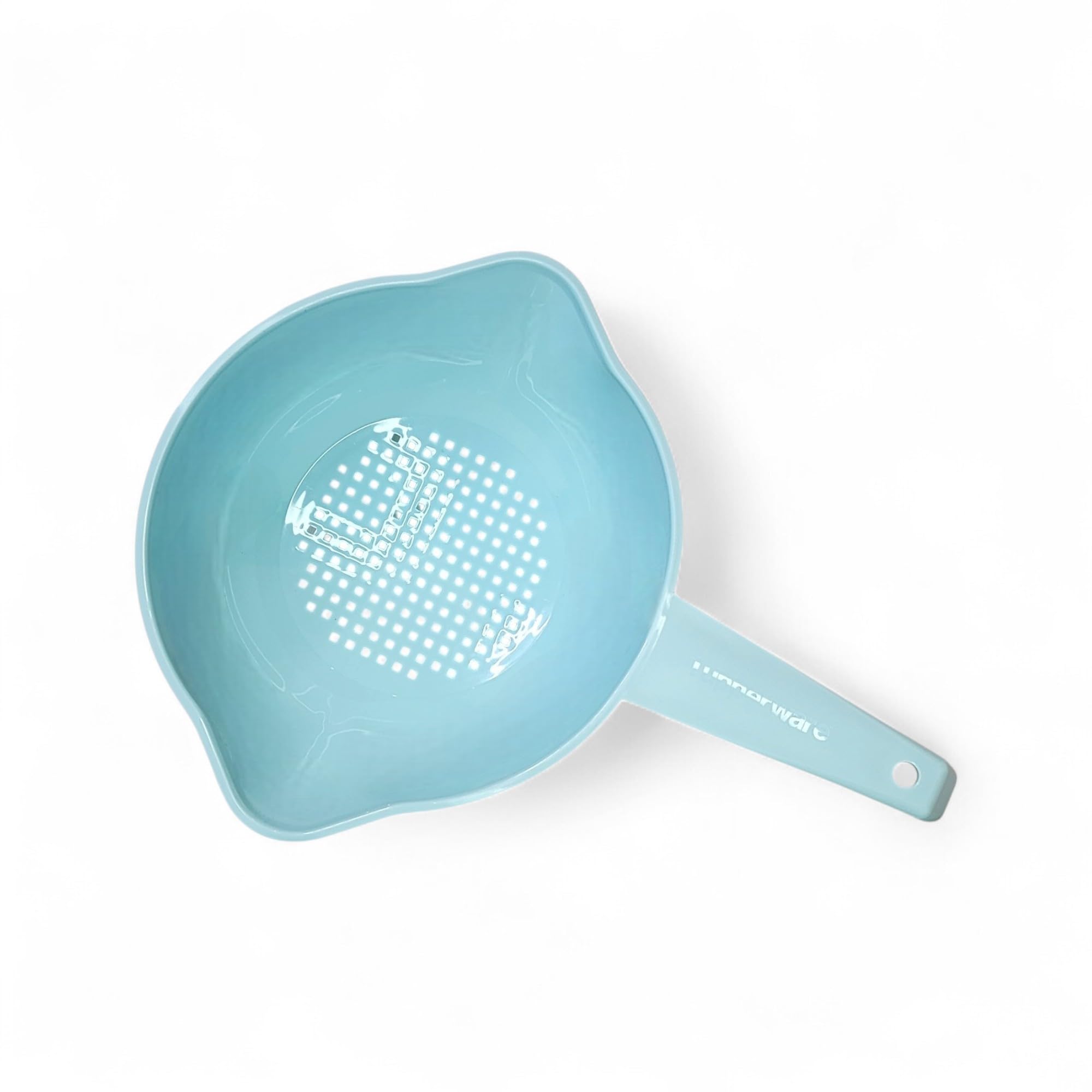 Tupperware light blue colander closeup highlights sturdy handle and BPA-free construction