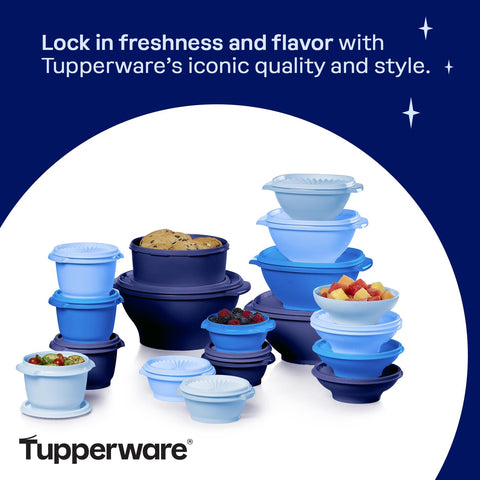 Tupperware nesting bowls shown stacked for compact storage.