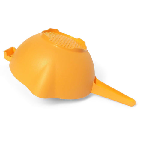 Tupperware orange colander showing dual side pour spouts for left or right hand use.
