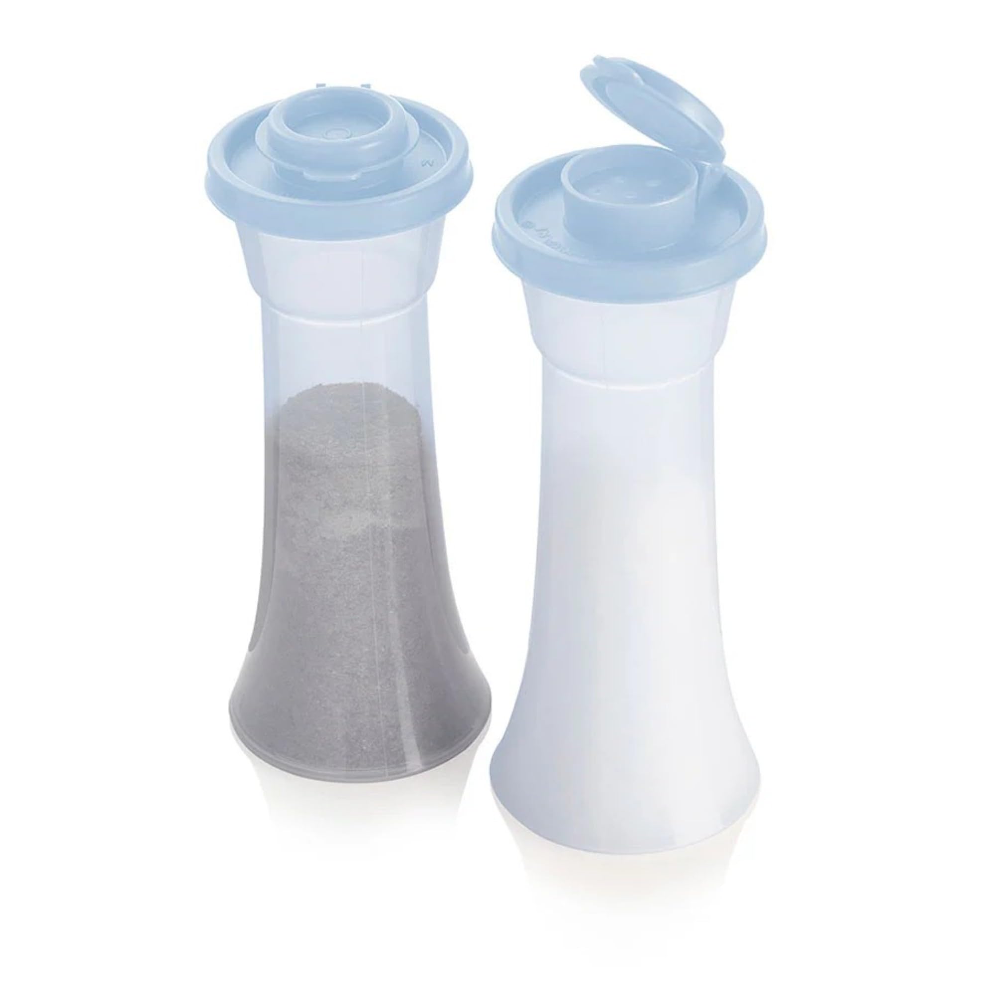 Tupperware salt pepper shakers pour action emphasis with flow control lid.