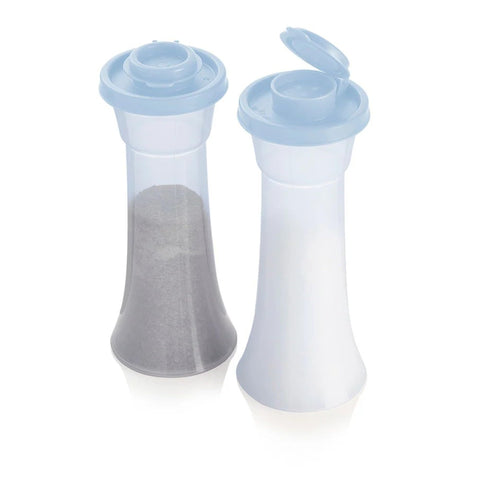 Tupperware salt pepper shakers pour action emphasis with flow control lid.