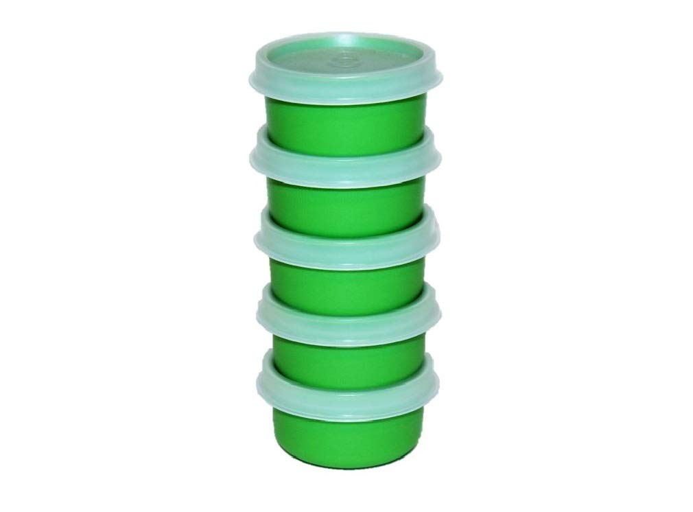Tupperware Smidgets 1-ounce mini bowls in green with airtight seals for travel and purse organization