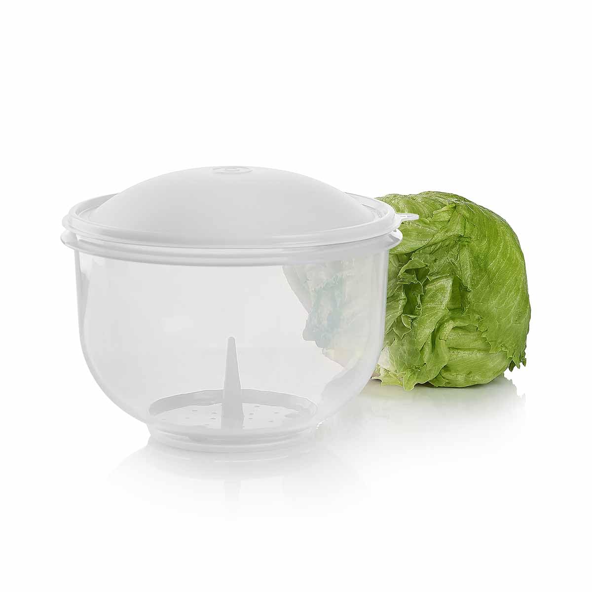 Tupperware Super Crisp It Lettuce Keeper White with vented lid keeps greens fresh.