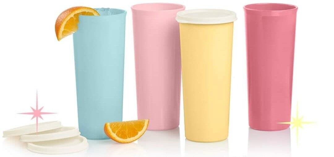 Tupperware 16 oz straight-side pastel blue tumbler for everyday hydration and secure on-the-go use.