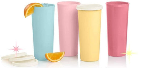Tupperware 16 oz straight-side pastel blue tumbler for everyday hydration and secure on-the-go use.