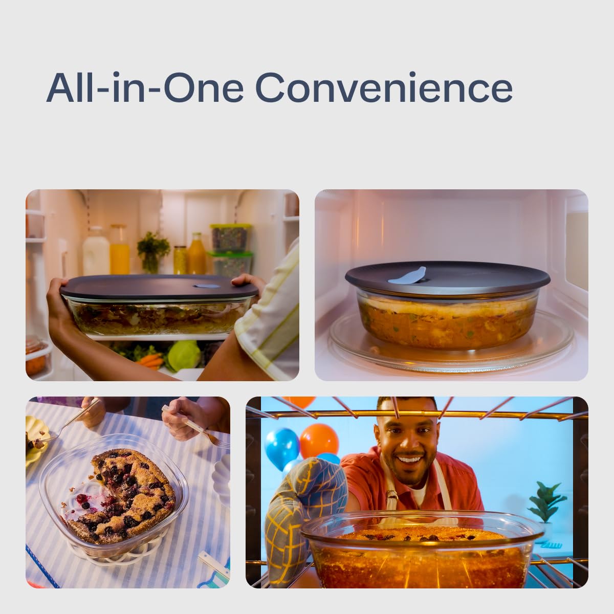 All-in-one use supports prep, bake, reheat, and serve in one container.