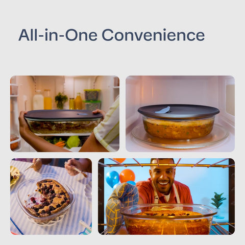All-in-one use supports prep, bake, reheat, and serve in one container.