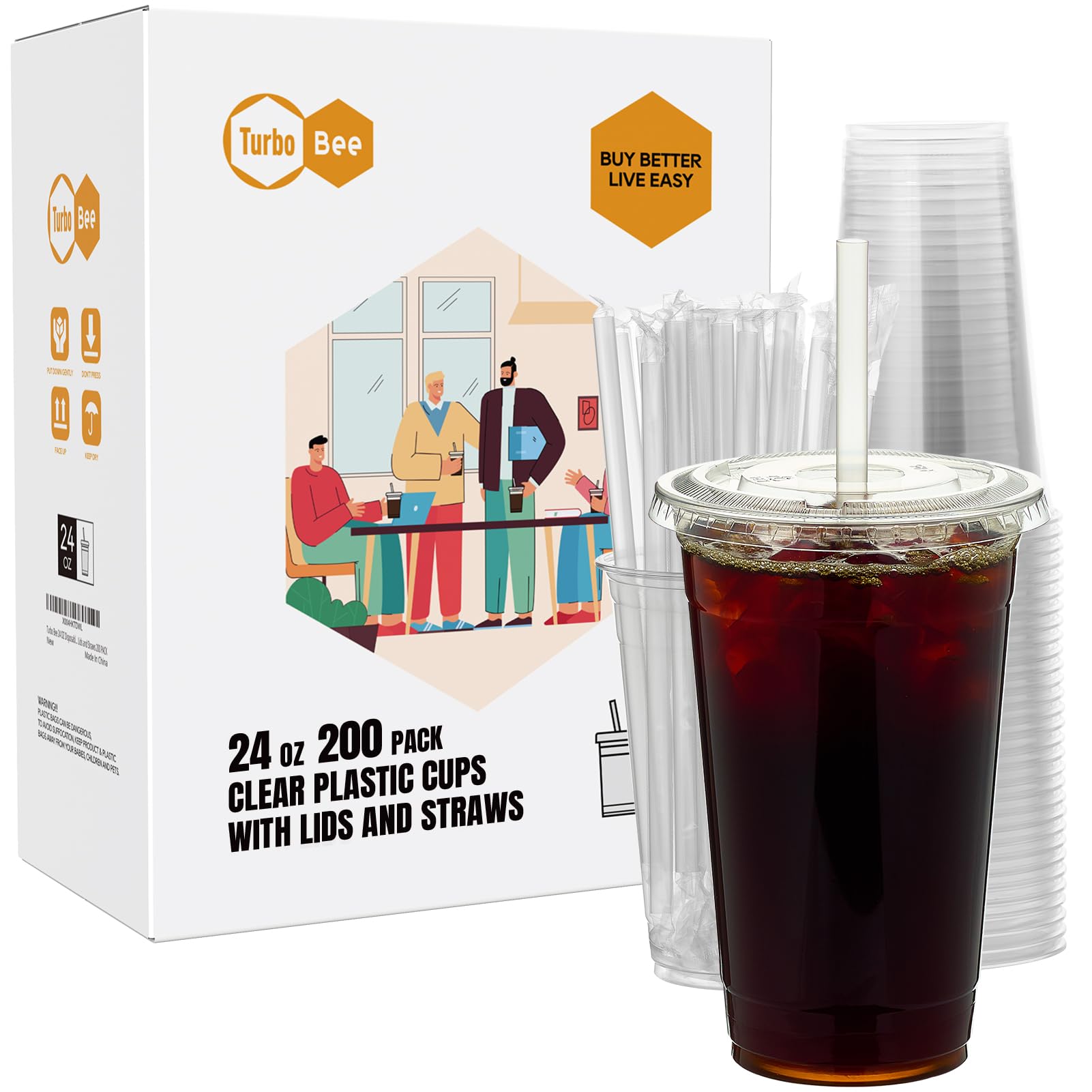 Turbo Bee 200 sets 24 oz clear cups for easy, on-the-go iced drinks.