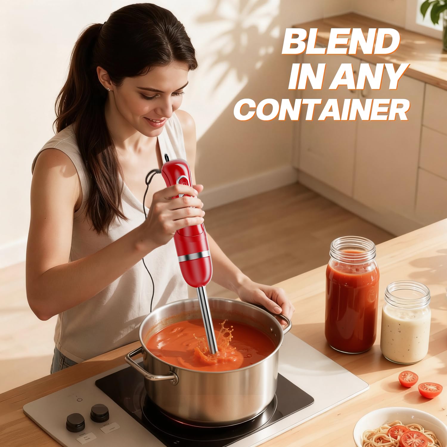 Turelar immersion blender in container demonstrates versatile blending in bowls.