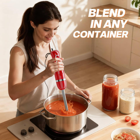 Turelar immersion blender in container demonstrates versatile blending in bowls.