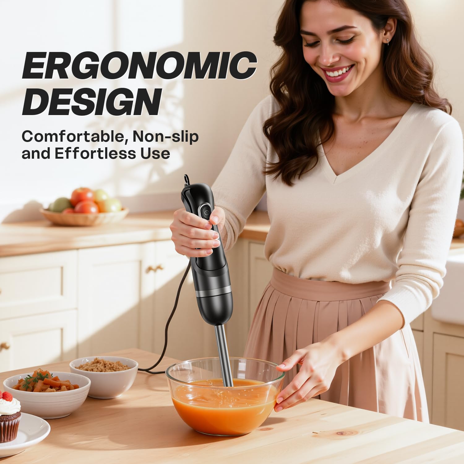 Turelar stick mixer with two speeds and turbo for quick texture control.