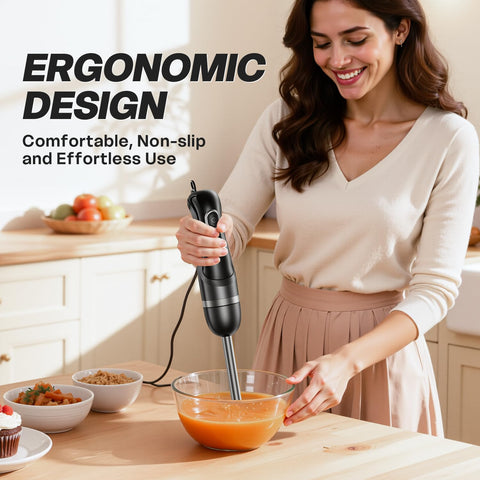 Turelar stick mixer with two speeds and turbo for quick texture control.