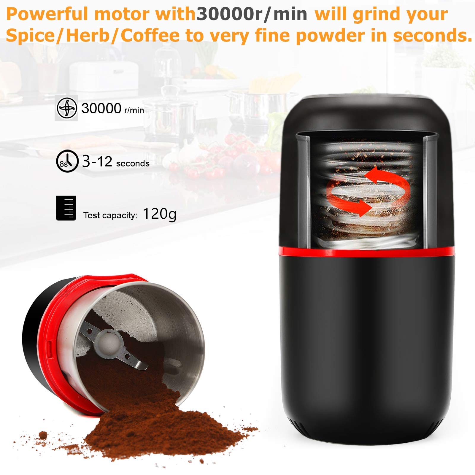 Turimon electric herb grinder top view, compact black kitchen companion.