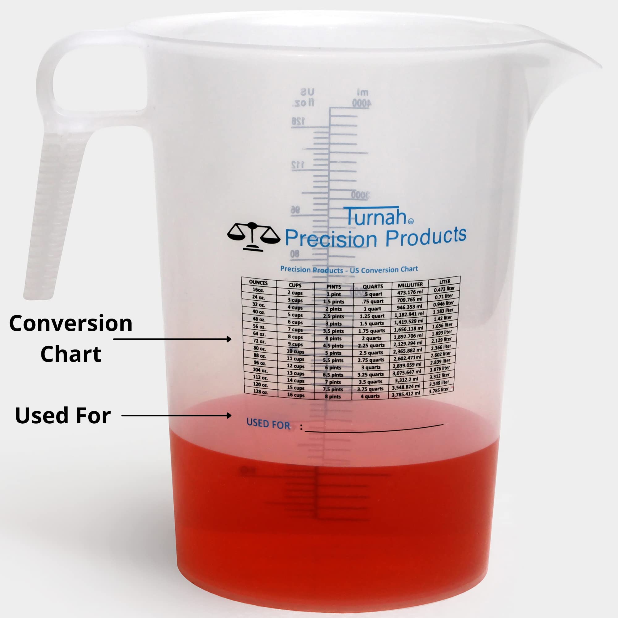 Turnah One Gallon Pitcher shows clear graduations for quick, accurate measuring.