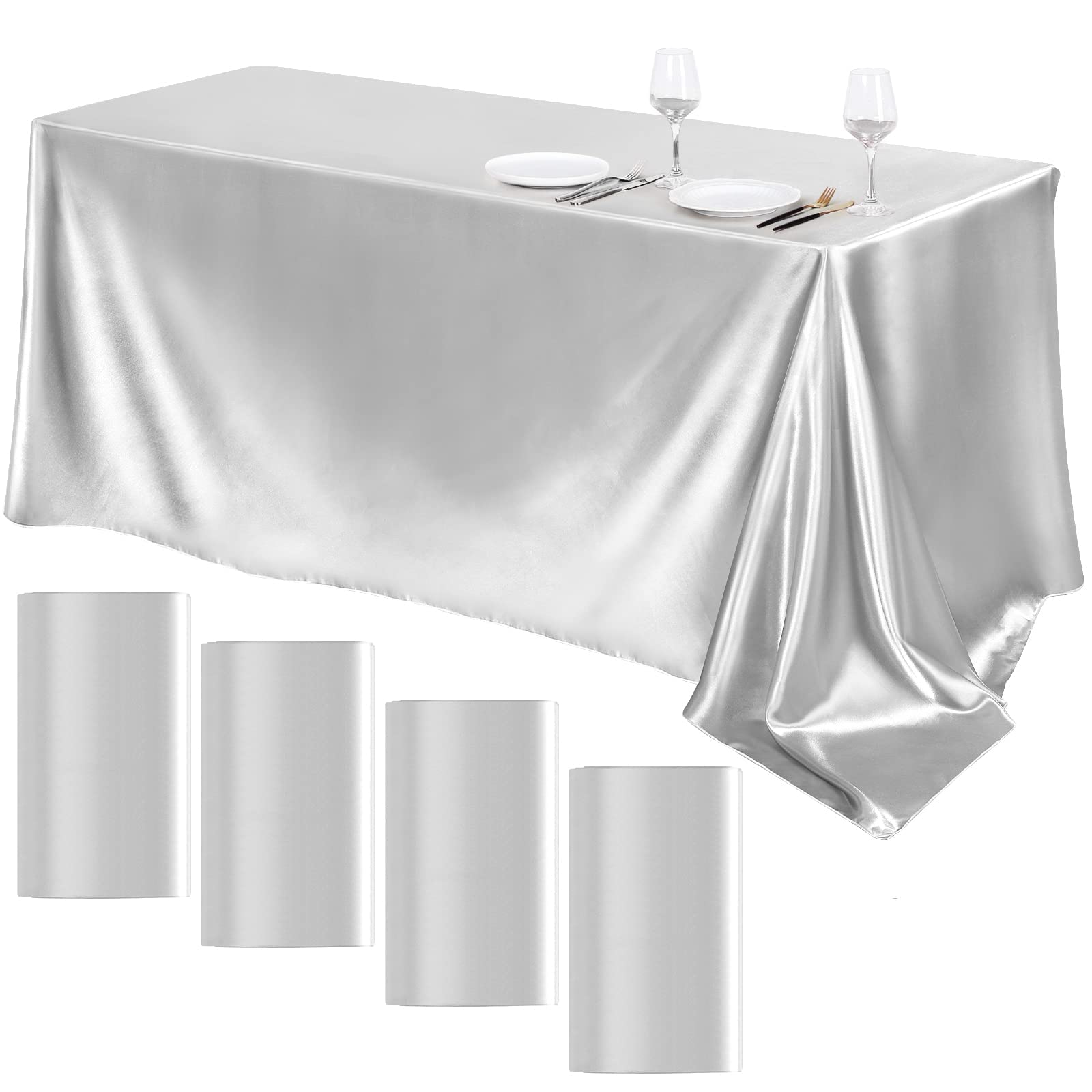 TURSTIN silver satin tablecloth 4-pack on a table adds elegant, event-ready shine for weddings.