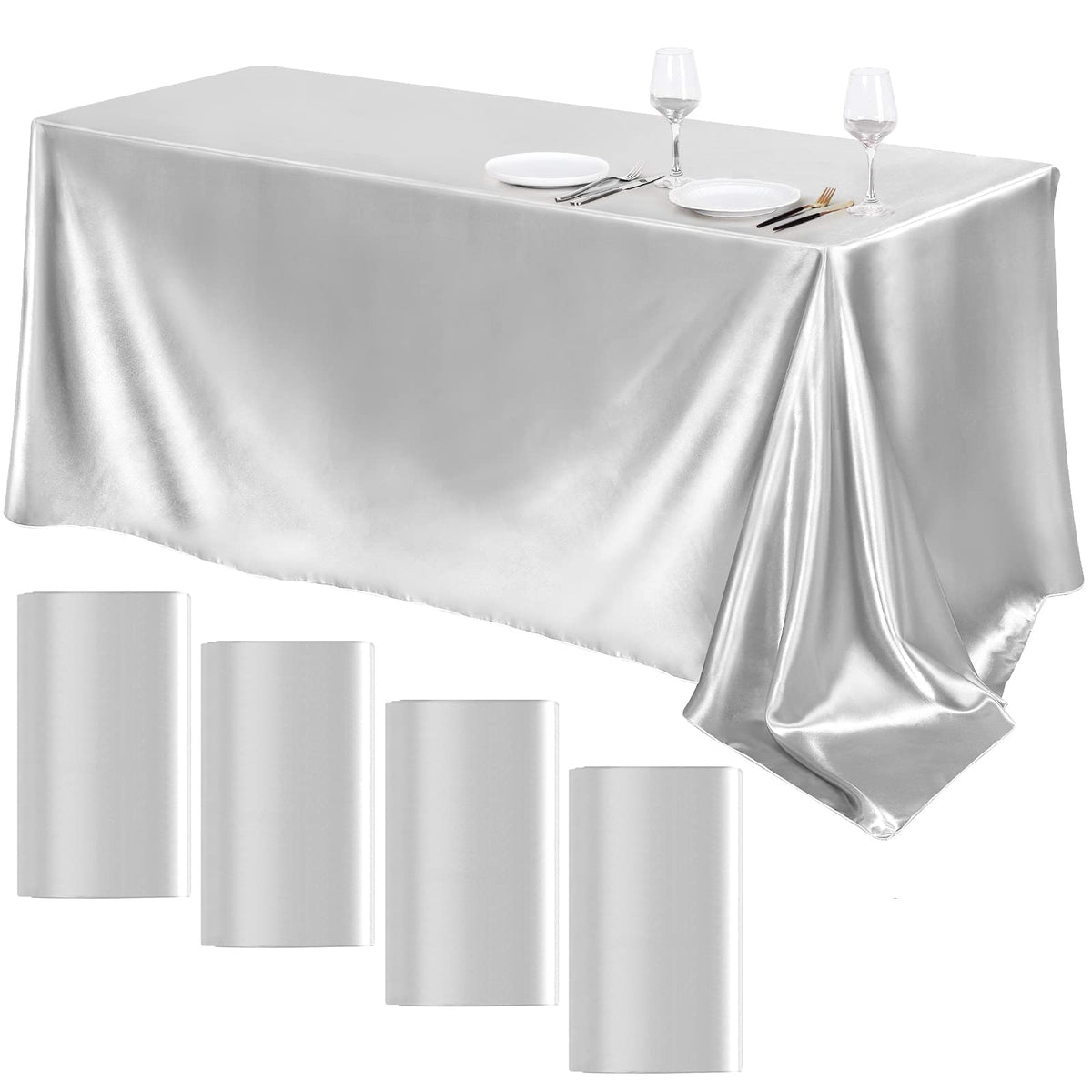 TURSTIN silver satin tablecloth 4-pack on a table adds elegant, event-ready shine for weddings.