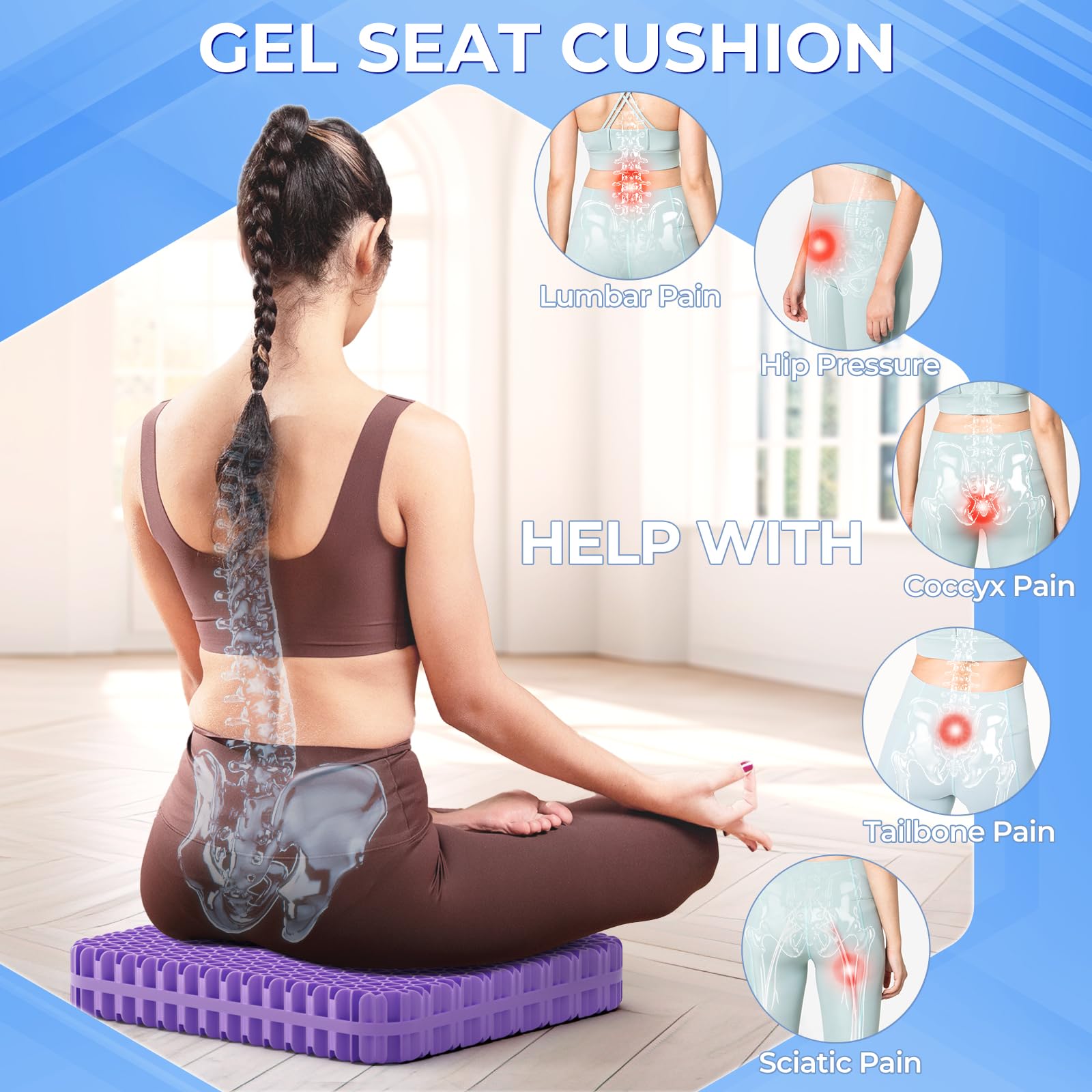 TushGuard gel seat cushion for office, home, car, and travel versatility.