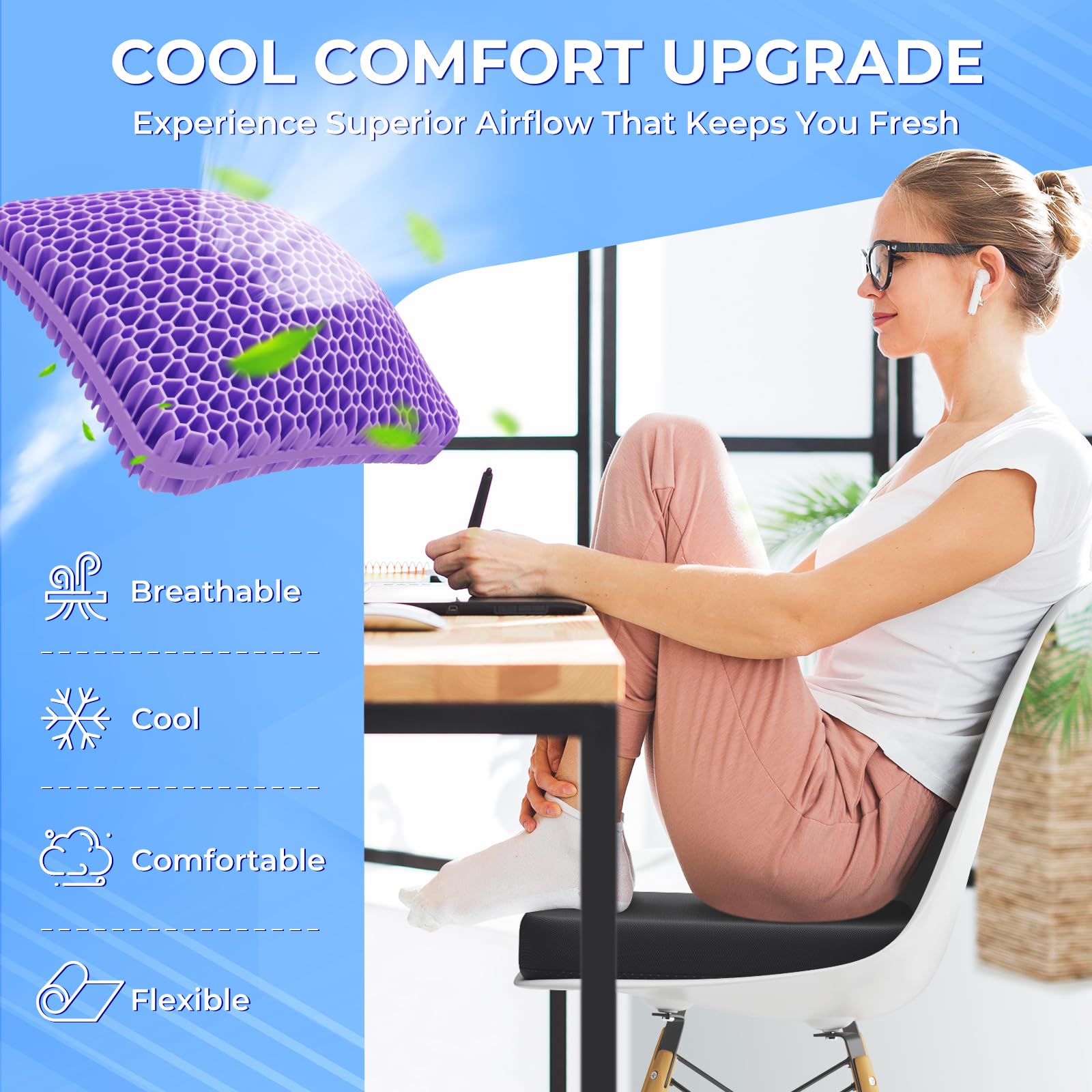 TushGuard gel seat cushion with cooling-pattern design for breathability during long sessions.