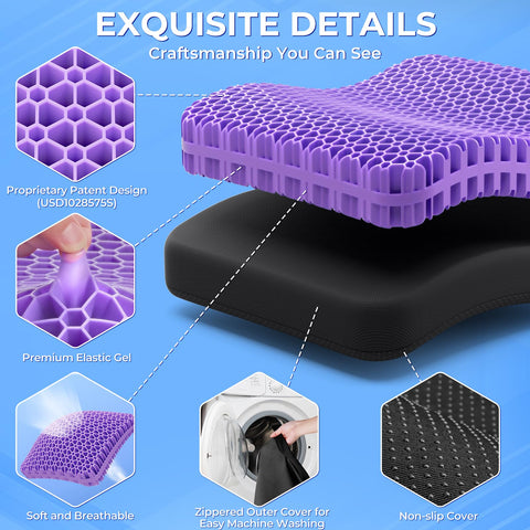 TushGuard gel seat cushion with removable cover for easy machine washing.