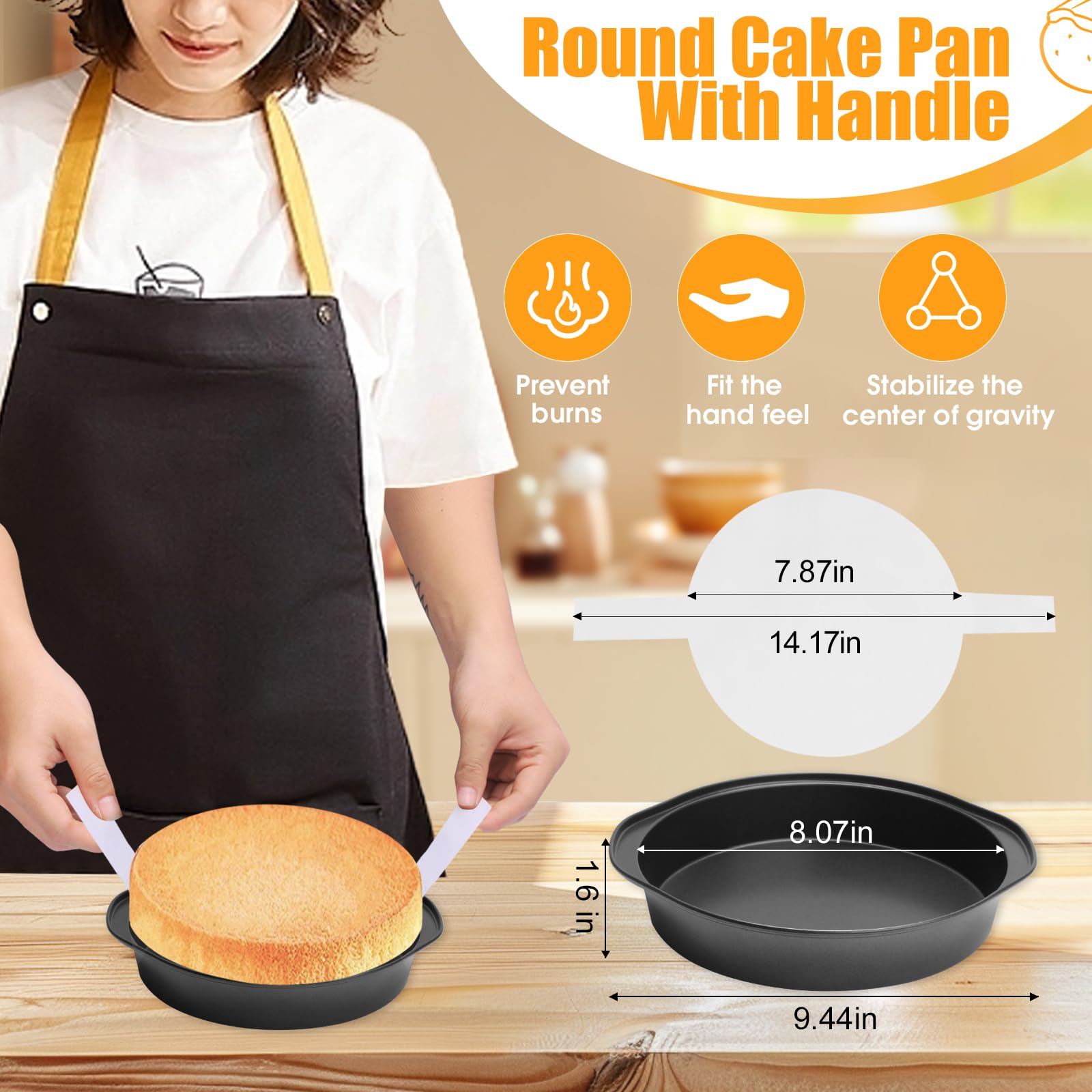 Tutikuki 8-inch cake pan handle detail highlighting ergonomic grip for safe lifting.