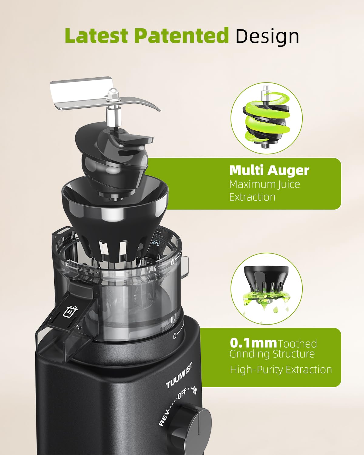 TUUMIIST juicer easy-clean design reduces cleanup time after juicing.