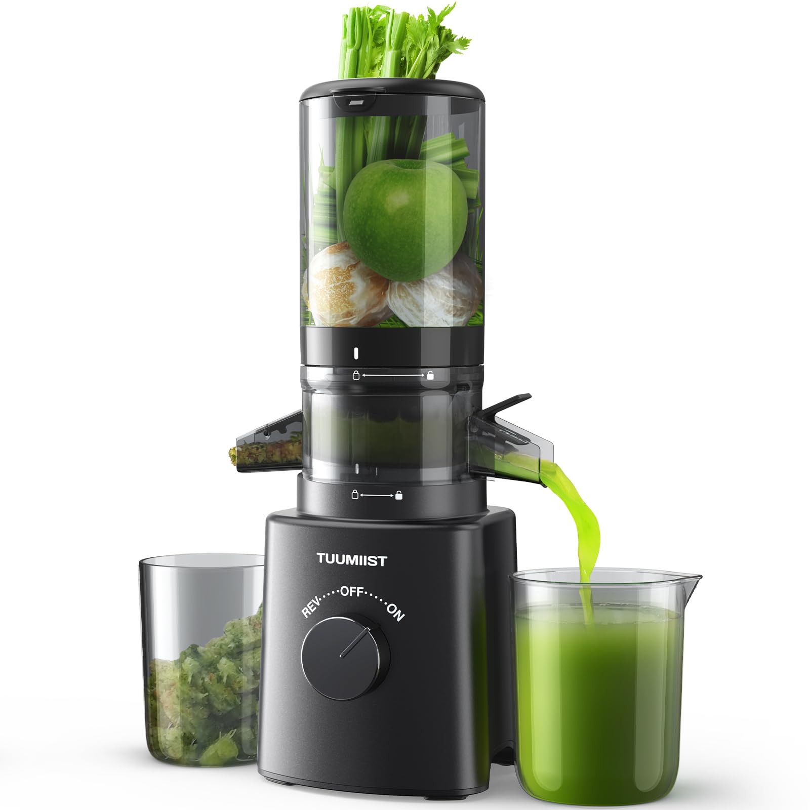 TUUMIIST juicer with large feed chute enables easy juicing of whole fruits.