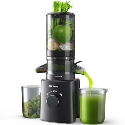 TUUMIIST juicer with large feed chute enables easy juicing of whole fruits.