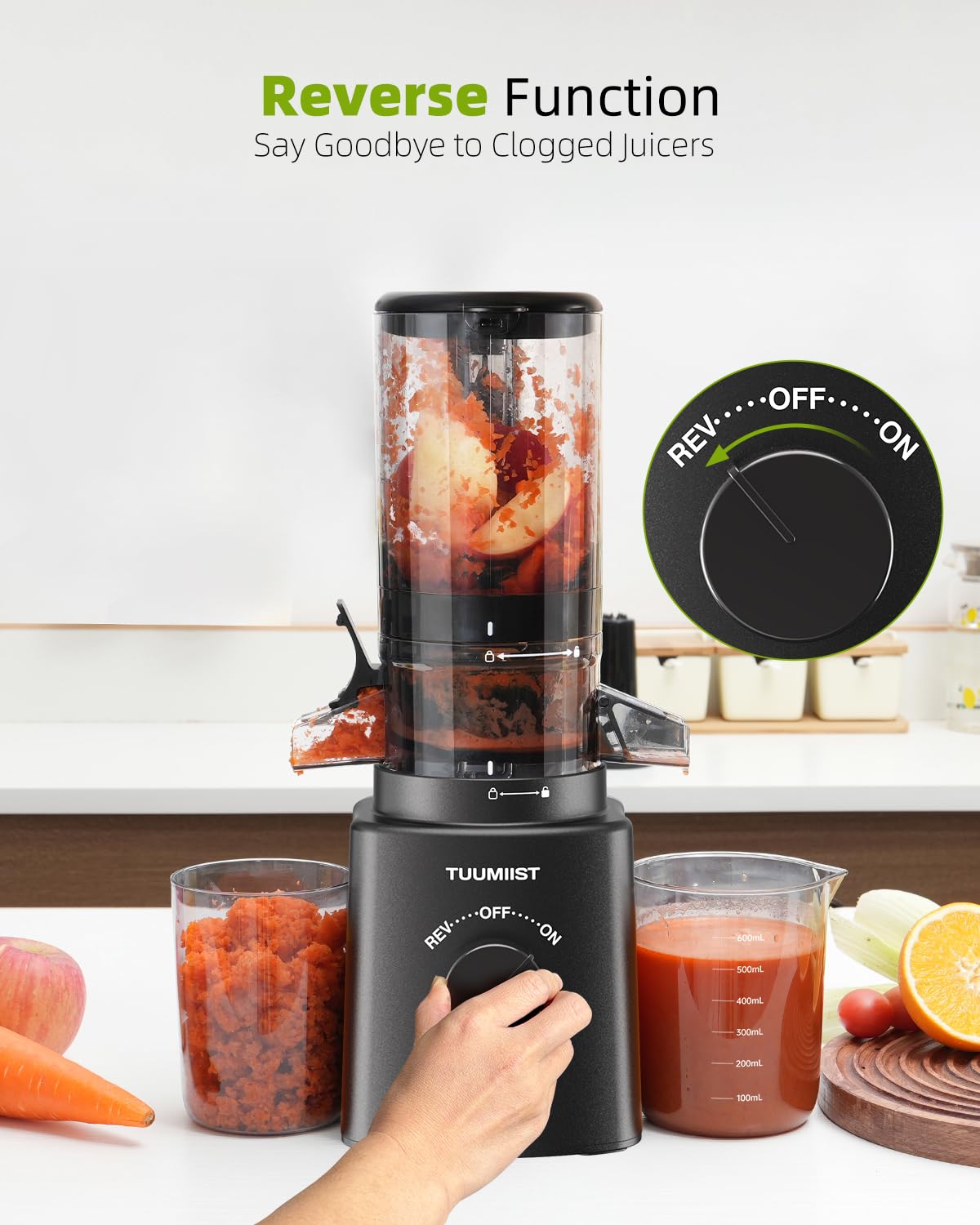 TUUMIIST vertical juicer fits compact kitchens without sacrificing counter space.