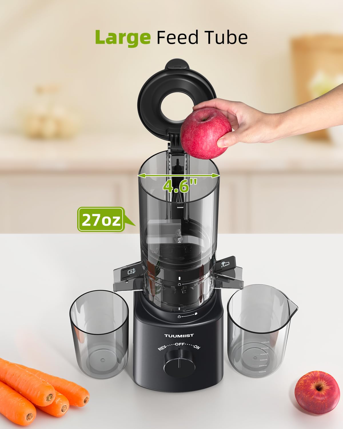 TUUMIIST juicer handles whole fruits and vegetables for quick, healthy juice.