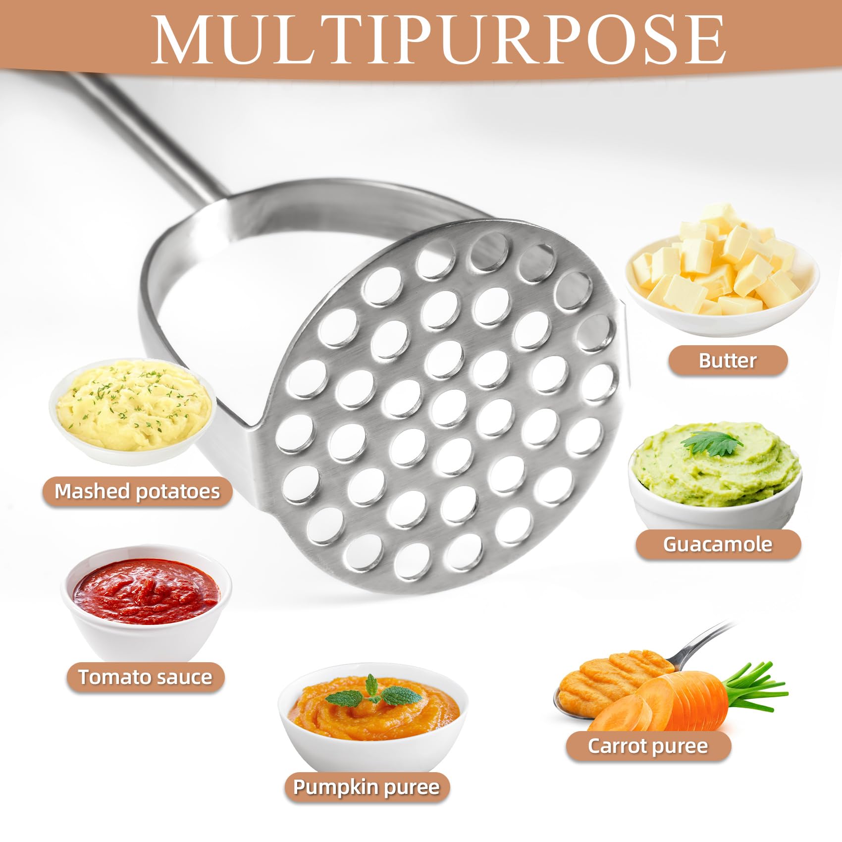 Tuyotue masher with seamless stainless steel for fast, mess-free cleaning.