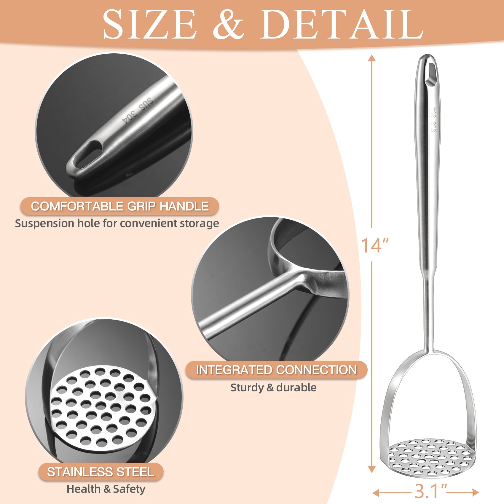 Tuyotue potato masher features ergonomic handle for comfortable, precise pressing.