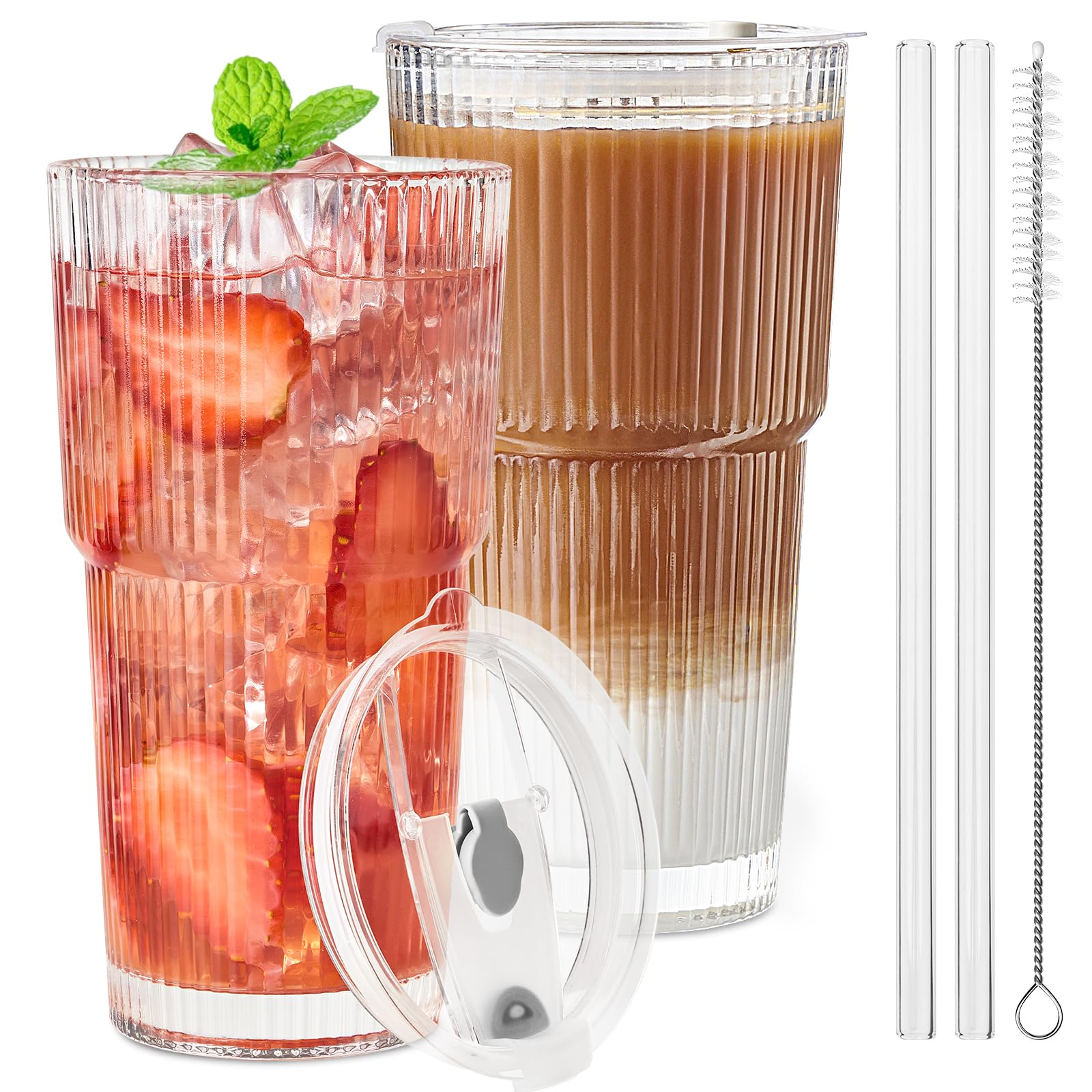 TUZAZO 20oz ribbed glass tumbler with lid and straw, ideal for iced coffee on the go.