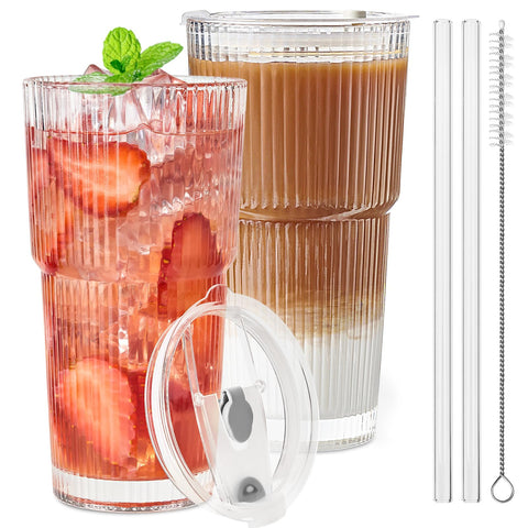TUZAZO 20oz ribbed glass tumbler with lid and straw, ideal for iced coffee on the go.