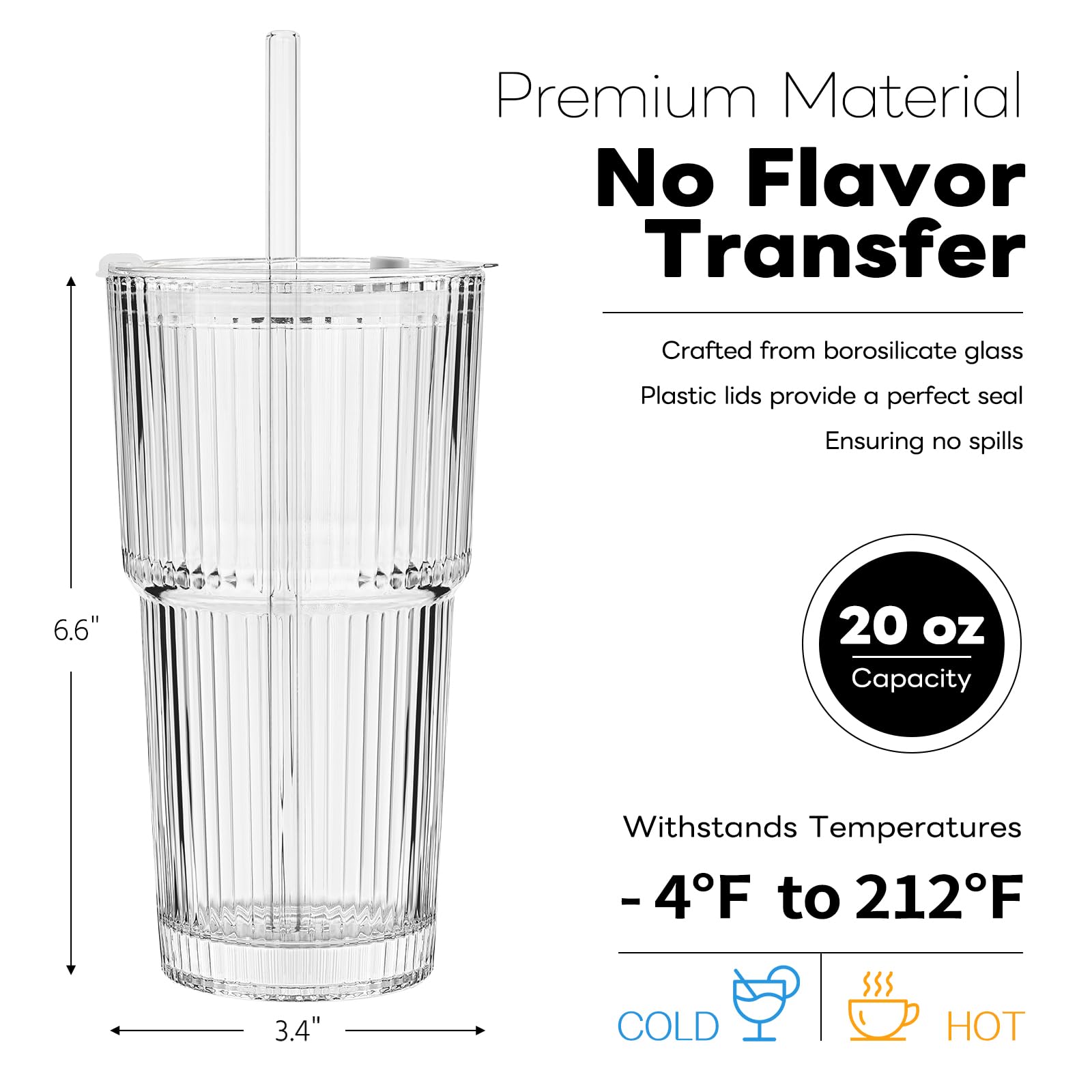 TUZAZO 20oz ribbed glass tumbler with lid and straw for smoothies and cocktails.