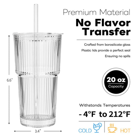 TUZAZO 20oz ribbed glass tumbler with lid and straw for smoothies and cocktails.