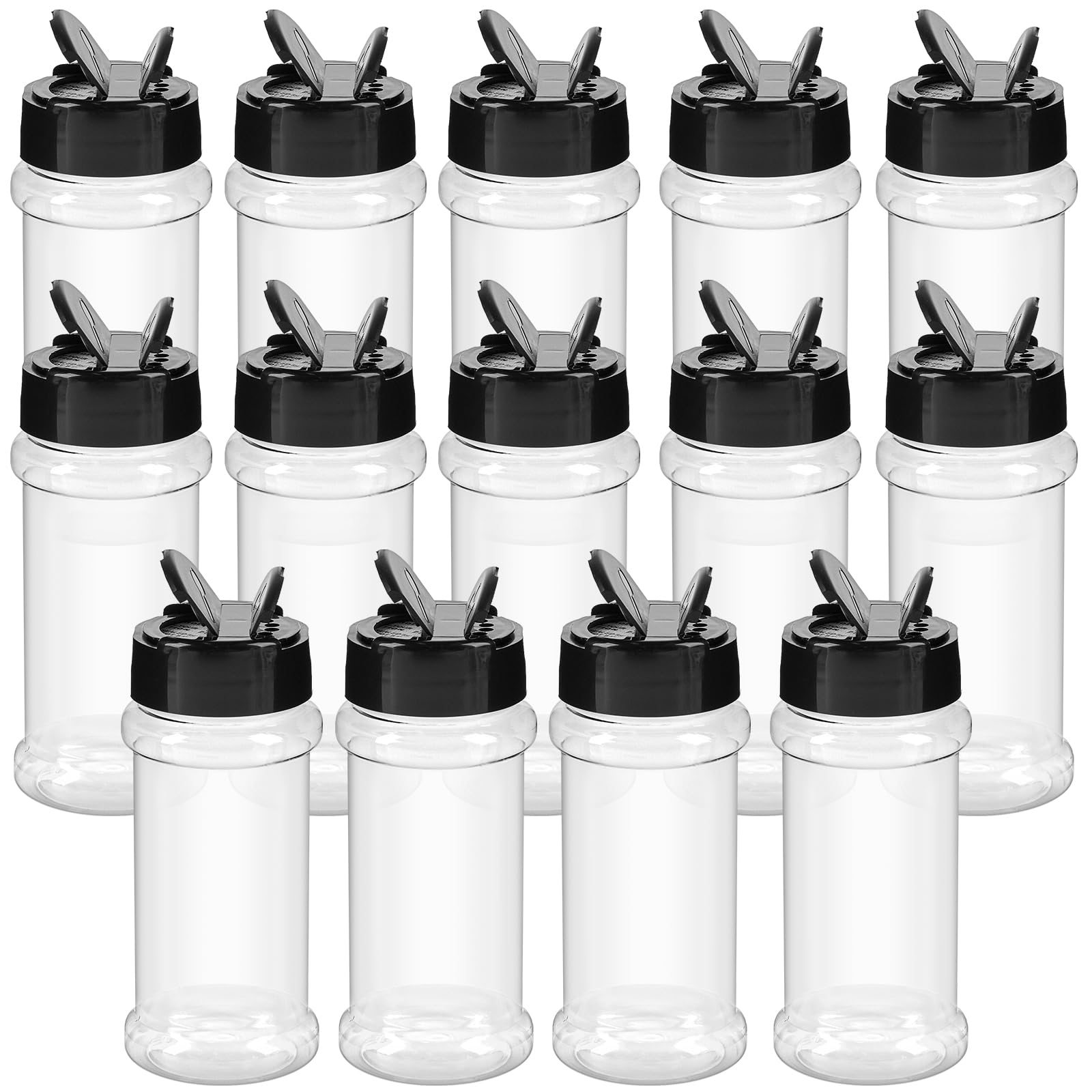 TUZAZO 3oz spice bottles set with clear bodies for quick spice identification.