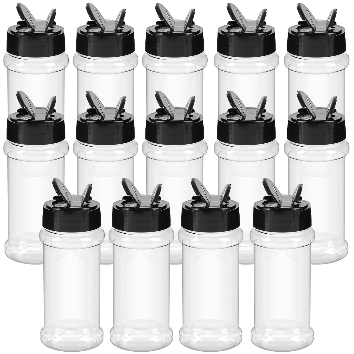 TUZAZO 3oz spice bottles set with clear bodies for quick spice identification.