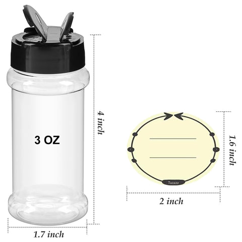 TUZAZO clear plastic spice jars with lids for organized pantry storage.