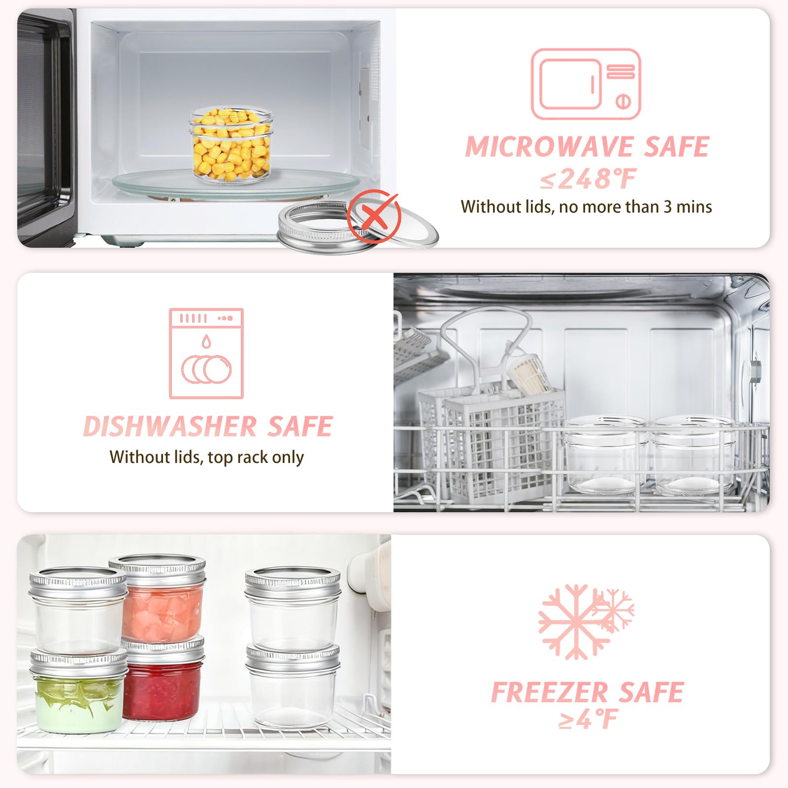 Dishwasher-safe jars with lids removed for quick cleaning.